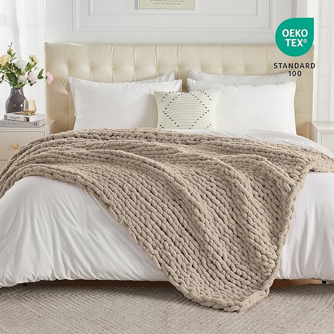 Carriediosa Chunky Knit Throw Blanket 50" X 60", 100% Hand Made Large Chenille Loop Yarn Soft Fluffy Throws for Couch Sofa Bed, Big Crochet Cozy Heavy Thick Cable Woven Blankets, Taupe