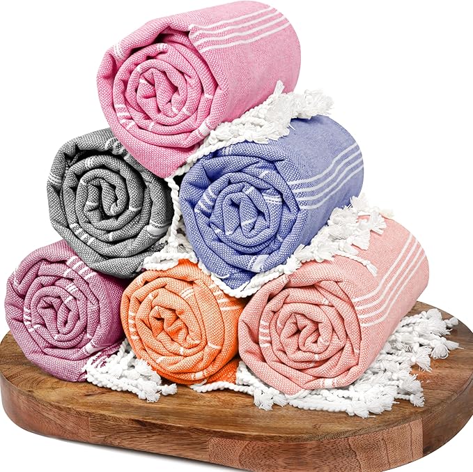Native Fab Turkish Beach Towels - 6 Oversized Towel (40"x71"), Soft, Lightweight & Absorbent, 100% Cotton, Sand Free, Quick Drying, Ideal for Summer, Pool, Spa, Gym & Outdoors - Multicolor 6 Towels