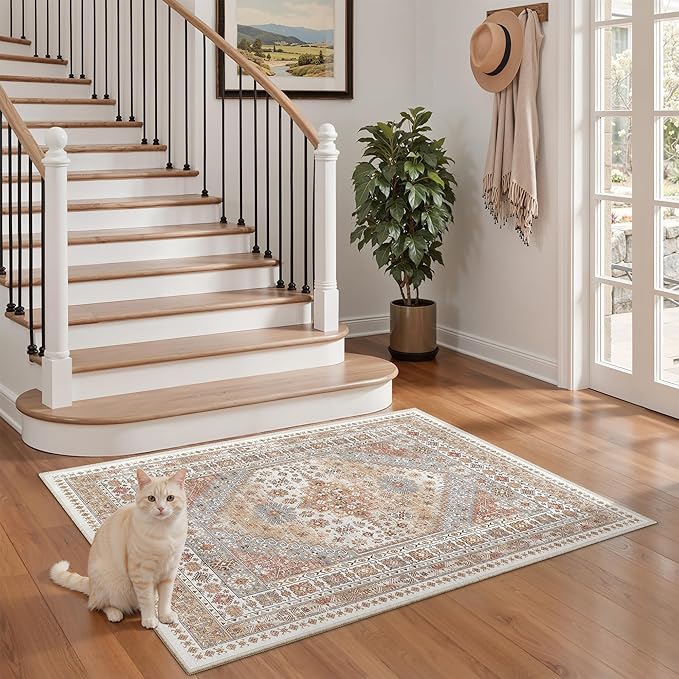 zesthome 2x3 Entryway Rug, Soft Washable Rugs, Non Slip Area Rug, Stain Resistant Low Pile Rugs for Bedroom, Vintage Rug for Door Mat, Kitchen (Orange,2'x3')