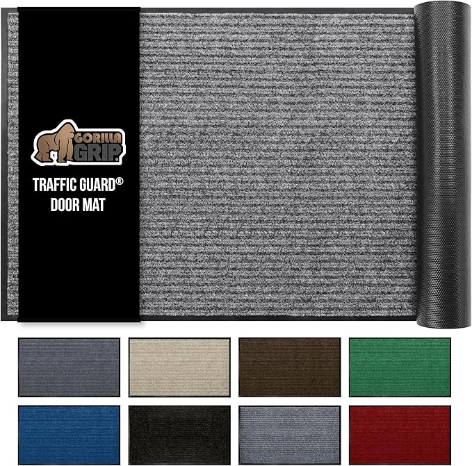 GORILLA GRIP Waterproof Traffic Guard Door Mat, 47x35, Heavy Duty Entryway Mats, Strong Rubber Back Commercial Utility Rugs for Office Hallway, Garage Floor and Home, Low Profile Carpet, Light Gray