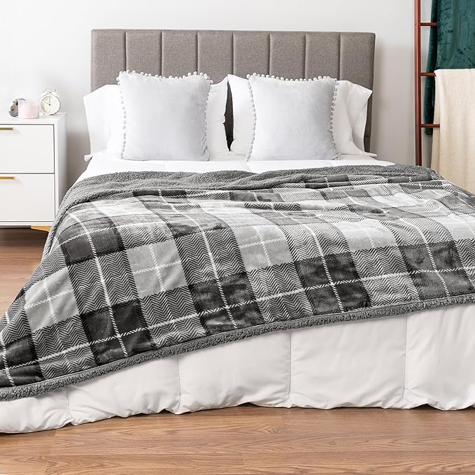 Pavilion Light Grey Plaid Sherpa Throw Blanket for Couch Twin, Plush Flannel Fleece Throws, Soft Fuzzy Cabin Blanket for Sofa Bed, Warm Cozy Winter Gift, 60x80