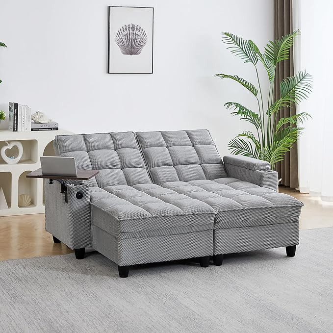 70.9" Chaise Lounge Chair Indoor, Oversized Boucle Upholstered Sofa Bed, Adjustable Backrest Deep Seat Reading Chair, Sofas Couches for Living Room with Storage, Cup Holders & 360° Swivel Side Table