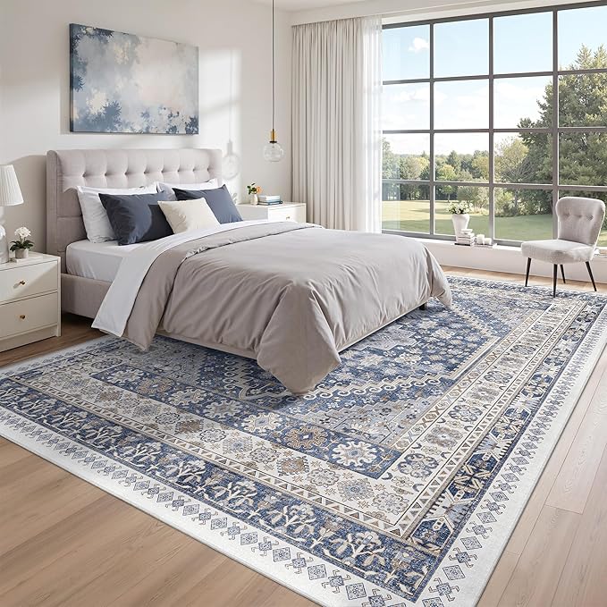 zesthome 10x12 Area Rugs,Stain Resistant Washable Rug,Ultra-Thin Rugs for Living Room,Bedroom,Non-Slip Backing Home Decor Large Area Rug (Blue/Beige,10'x12')
