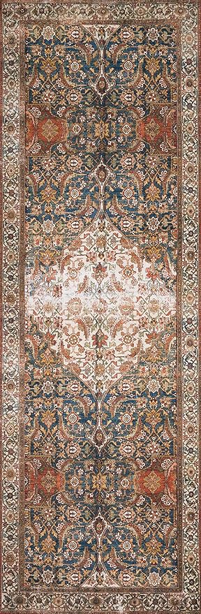 Loloi Layla Collection LAY-05 Ocean/Multi 2'-6" x 9'-6" .13" Thick Runner Rug, Soft, Durable, Vintage Inspired, Distressed, Low Pile, Non-Shedding, Easy Clean, Printed, Living Room Rug