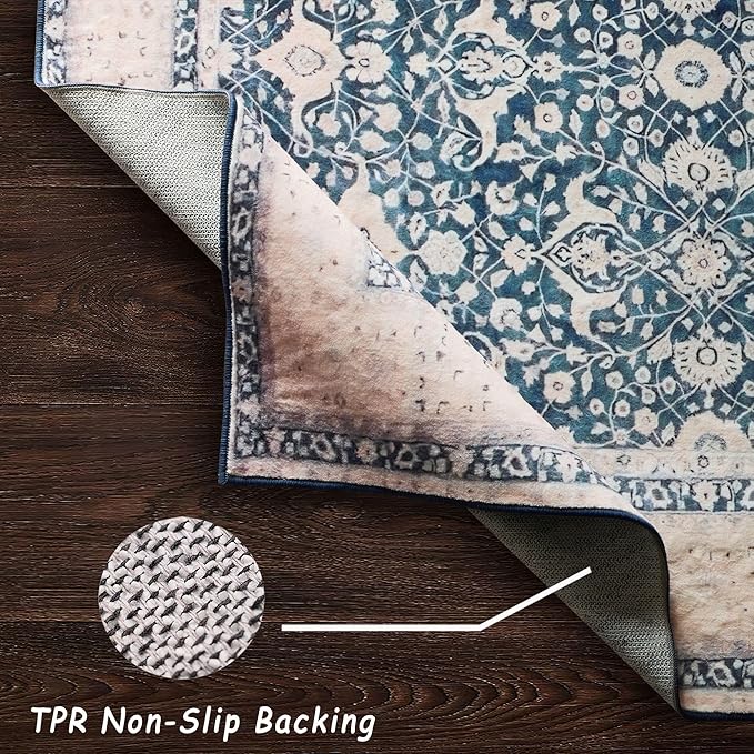 vivorug 5x7 Area Rugs - Ultra-Thin Washable Rug with Non-Slip Backing, Ideal for Living Room, Bedroom, Dining Room Indoor - Vintage Floral, Easy Clean, Durable, Low Pile Rug Blue