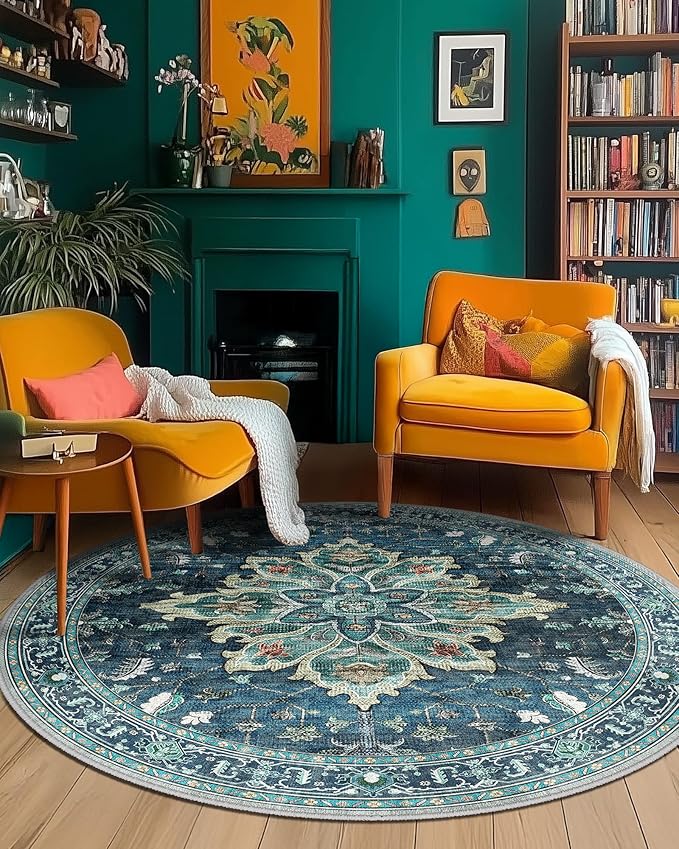 Area Rugs 7ft Washable Non-Slip, Floral Vintage Distress Print Pattern Medallion Carpet for Living Room Bedroom Dining Room, Teal Green Lake Blue Turquoise