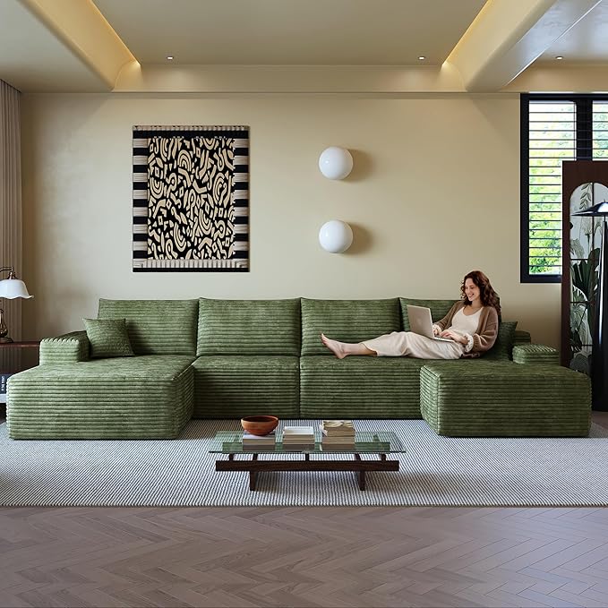 136" Sectional Couches for Living Room Modern Modular Sofa with L-Shape Couchs Upholstered Boneless Couch Deep Seat Sectional Couch with Chaise (Green, Left Facing Chaise+3Seaters+Ottoman)