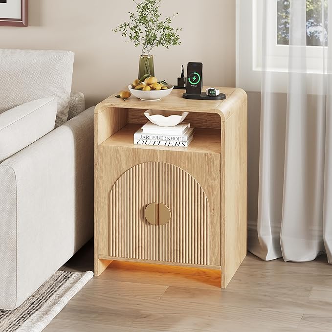 Nightstand with Charging Station and LED Lights, Night Stands with Adjustable Storage Cabinet, Modern Side Table with Fluted Doors and Open Storage, Bedside Table for Bedroom, Natural