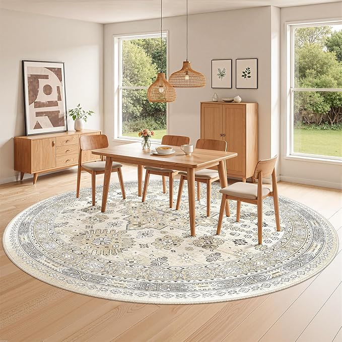 zesthome 9ft Round Rugs for Living Room, Non-Slip Washable Round Area Rugs, Ultra-Thin Large Circle Rugs, Soft Low Pile Rug for Bedroom, Kitchen - Vintage Stain Resistant Round Rug (Beige,9'x9')