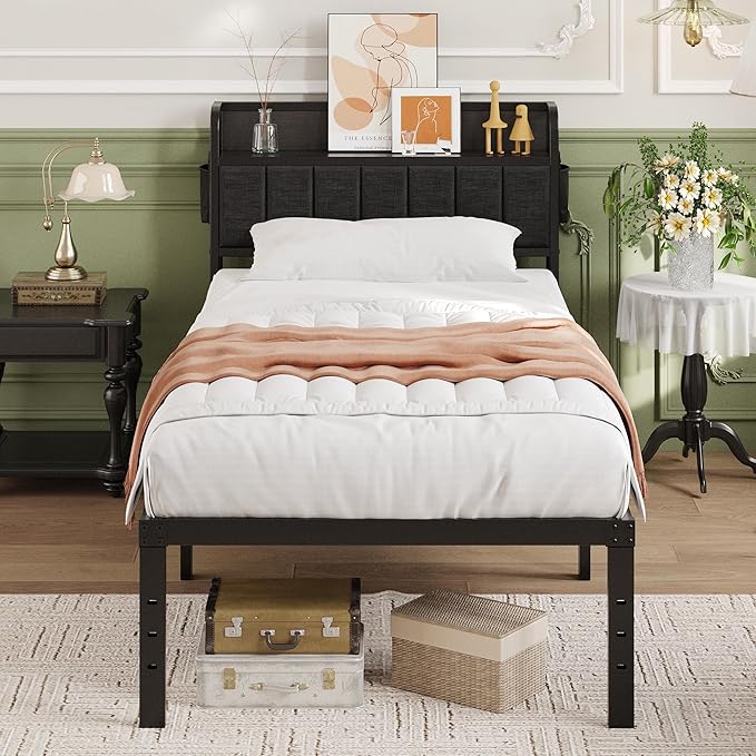 16 Inch Twin Bed Frames with Upholstered Storage Headboard, Sturdy Single Bed Frame, No Box Spring Needed Twin Platform, Black