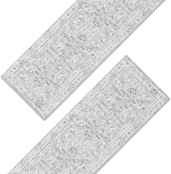 jinchan Lima Kitchen Runner Rug 3x8-2pcs, Bohemian Hallway Washable Rug Floral Non Slip with Rubber Backing Vintage Carpet Runner for Bedroom Bathroom Laundry Room Living Room Decor Grey