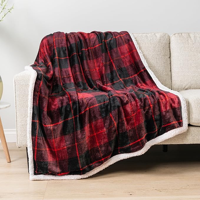 PAVILIA Red Plaid Sherpa Throw Blanket for Couch, Plush Flannel Fleece, Soft Fuzzy Cabin for Sofa Bed, Warm Cozy Winter Gift, 50x60