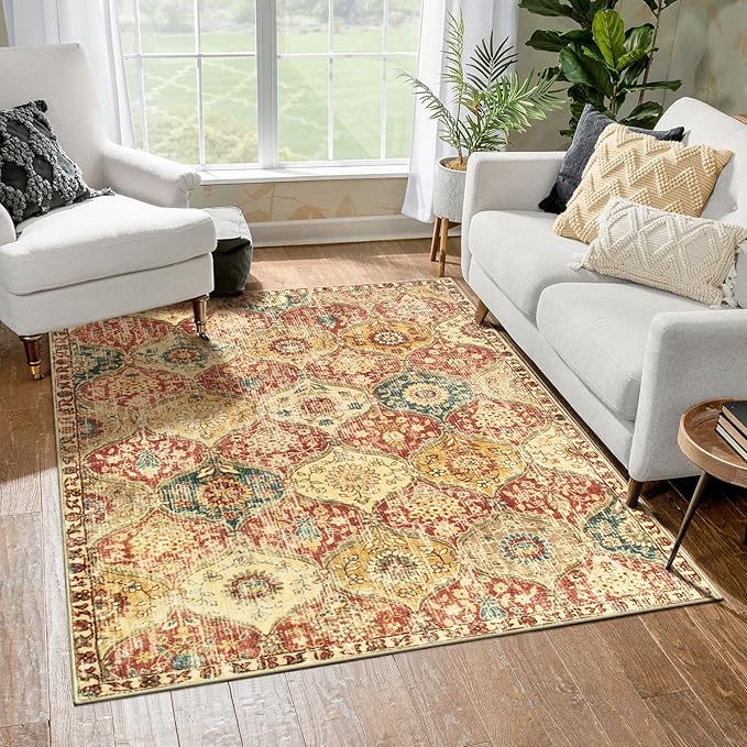 Lahome Moroccan Machine Washable Rugs for Living Room, 4x6 Rug for Bedroom Non-Slip Vintage Trellis Ultra-Thin Throw Carpet for Dining Room Office Nursery, Red/Orange