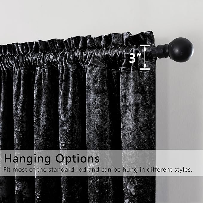 SMILETIME Black Crushed Velvet Curtains 52x96inch Rod Pocket Luxurious Thermal Insulated Soundproof Drapes Soft and Durable Light-Filtering Window Treatments for Living Room Bedroom, 2 Panels