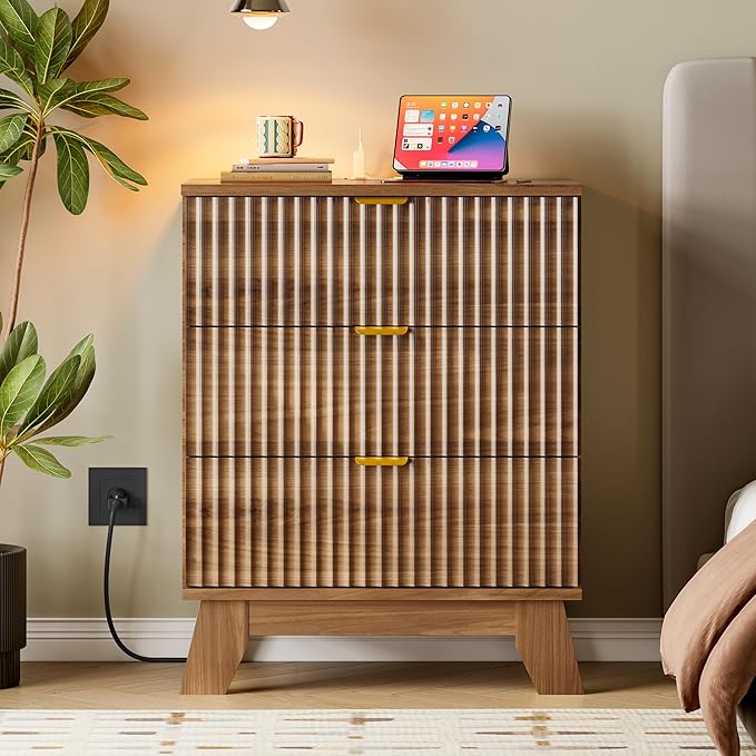 30.5" Nightstand with Charging Station, 3-Drawer Fluted Bedroom Chest, Wood Bedside Dresser with Power Outlets and USB Ports, Stable Base, Modern Storage Cabinet for Small Spaces