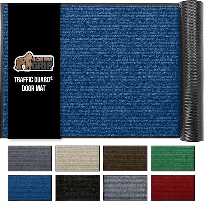 GORILLA GRIP Waterproof Traffic Guard Door Mat, 35x23, Heavy Duty Entryway Mats, Strong Rubber Back Commercial Utility Rugs for Office Hallway, Garage Floor and Home, Low Profile Carpet Runner, Blue