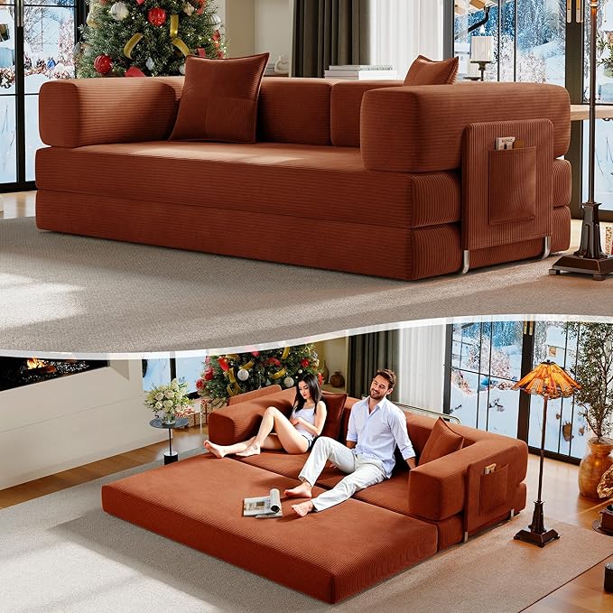 78.8" Convertible Futon Sofa Bed,Corduroy Futon Couch with Storage Pocket,Folding Pull Out Sofa,No Assembly Boneless Couch for Living Room,Orange