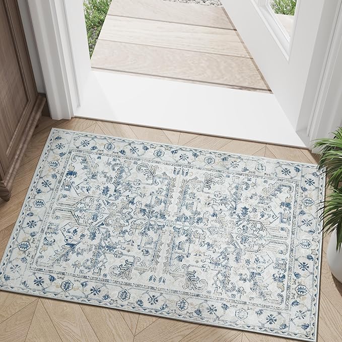 jinchan Lima 2x3 Washable Rug for Entryway - Vintage Floral Ultra-Thin Low Pile Soft Small Non Slip Distressed Indoor Door mat Accent Area Rug for Entrance Kitchen Bathroom Bedroom (2x3ft, Blue)