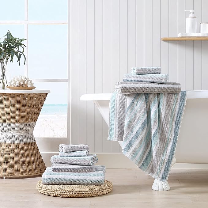 Tommy Bahama - Bath Towels, 100% Soft & Absorbent Cotton Terry Loop with Twill Texture, Low Linting & Fade Resistant, Medium Weight Bathroom Towels (Ocean Bay Blue, 3 Piece)