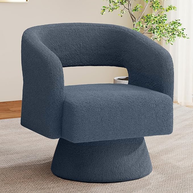 Swivel Accent Chair, Modern Comfy Teddy Barrel Chairs, Oversized Upholstered Round Arm Chair for Living Room, Bedroom, Reading Room, Blue, 1 PCS