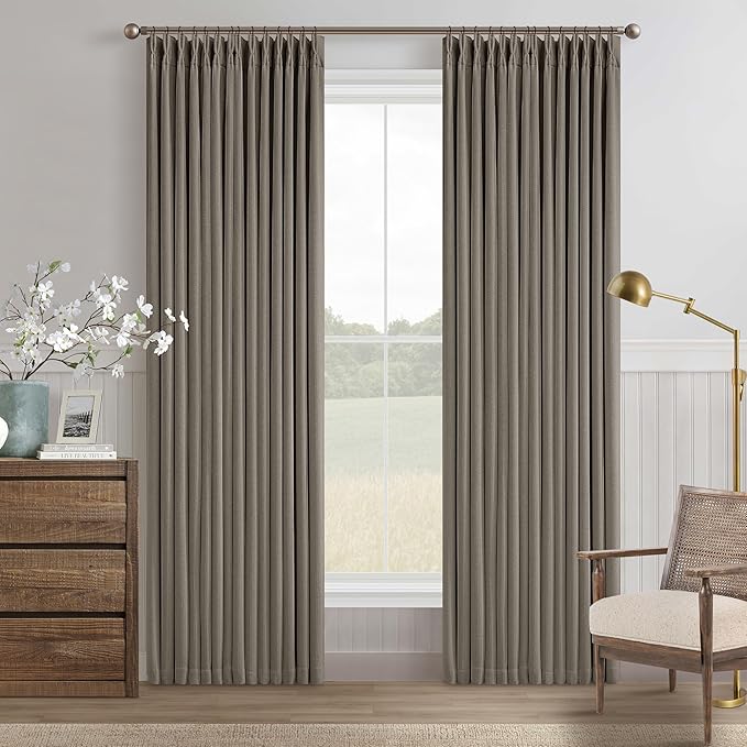 Taupe Grey Pleated Linen Blackout Curtains 80 Inches Long for Bedroom Living Room Pinch Pleat Black Out Thermal Insulated Ring Hooks Room Darkening Drapes Brownish Gray 80 Inch Curtains with Liner