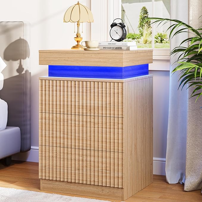 Nightstand with Charging Station & LED Lights, Small Modern Fluted Bedside & End Table with 3 Drawers, Sliding Top & Hidden Storage, Wooden Farmhouse Night Stand for Bedroom Office Sofa, Natural Oak