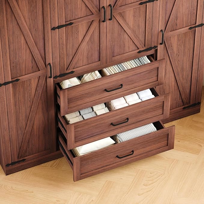 4 Door Armoire Wardrobe Closet Cabinet with 3 Drawers and Drawers, Farmhouse Bedroom Armoire with Hanging Rod and Adjustable Shelves, Large Capacity Storage Wardrobe Armoire for Bedroom, Brown