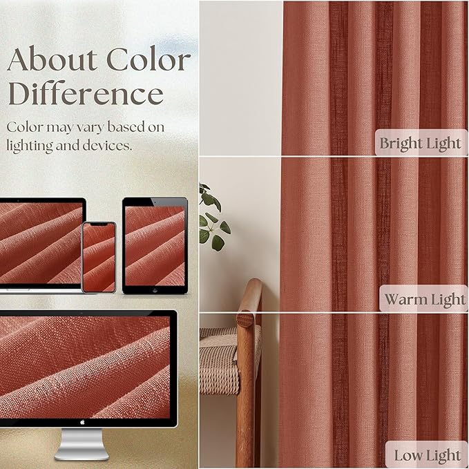 Red Clay Linen Pinch Pleated Curtains 108 Inches Long 2 Panels for Living Room Bedroom Light Filtering Drapes 108 Inch Length Terracotta Autumn Fall Semi Sheer Memory Trained Ceiling Floor Curtain