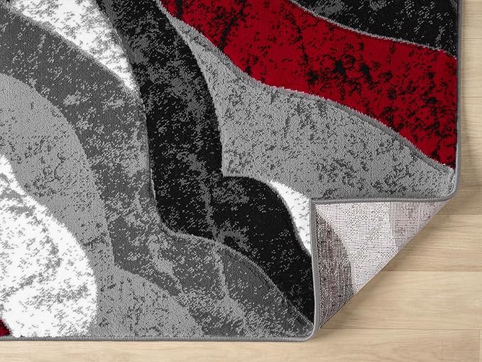 Modern Abstract Area Rug Hand Carved Contemporary Geometric Swirls Vibrant Colors Carpet for Living Room Bedroom Design PR1002 (Red, 5' x 7')
