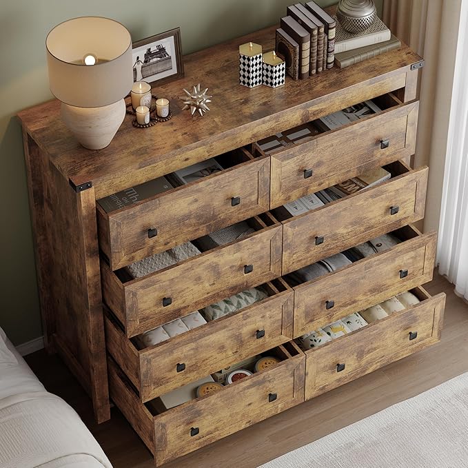 Tall 8-Drawer Dresser, Modern Wooden Storage Chest of Drawers, Dresser TV Stand, Wood Drawer Organizer with Metal Handles for Bedroom, Living Room, Hallway