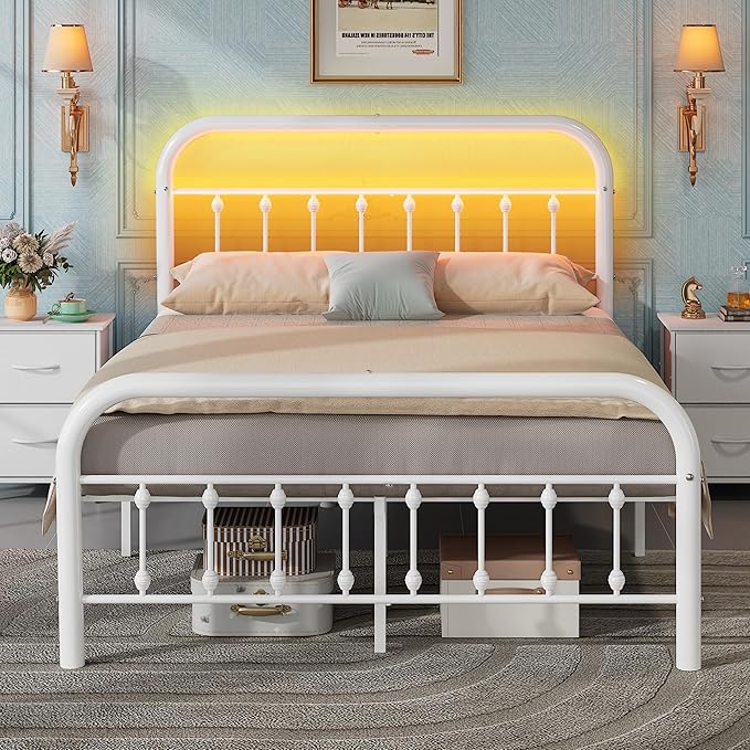 WLIVE Metal Platform Bed Frame, Full Size Bed Frame with Headboard, Bed Frames with LED Lights and Charging Station, 1500LBS Mattress Foundation, Under Bed Storage, No Box Spring Needed, White