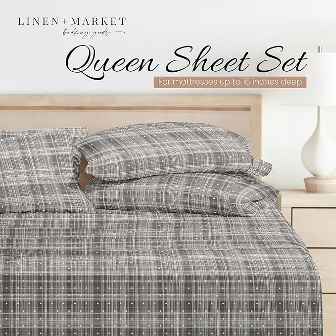 Linen Market Double-Brushed Patterned Microfiber Queen Sheet Set 4 Piece – Oeko-TEX Certified Ultra Soft & Wrinkle-Free - 16" Deep Pocket Sheets - Easy Care Queen Size - Polka Dot Gray