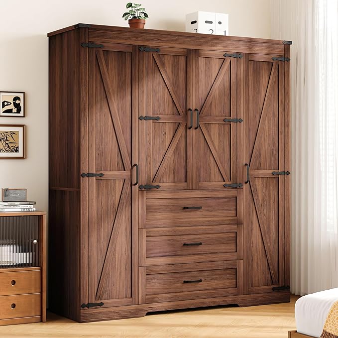 4 Door Armoire Wardrobe Closet Cabinet with 3 Drawers and Drawers, Farmhouse Bedroom Armoire with Hanging Rod and Adjustable Shelves, Large Capacity Storage Wardrobe Armoire for Bedroom, Brown