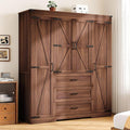 4 Door Armoire Wardrobe Closet Cabinet with 3 Drawers and Drawers, Farmhouse Bedroom Armoire with Hanging Rod and Adjustable Shelves, Large Capacity Storage Wardrobe Armoire for Bedroom, Brown