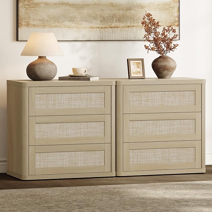 SICOTAS Rattan Night Stand Set of 2, Oversized 3-Drawer Nightstand, Large Bedside Table Boho End Table Storage Cabinet with Kid-Safe Rounded Edges & Push-Close Design for Bedroom Guest Room, Sand Oak