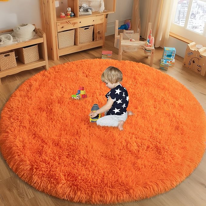 Round Orange Rug for Bedroom, 6 ft Circle Area Rugs for Living Room, Soft Fluffy Shag Carpet for Teen Girls Boys Nursery Room Dorm Home Decor Aesthetic