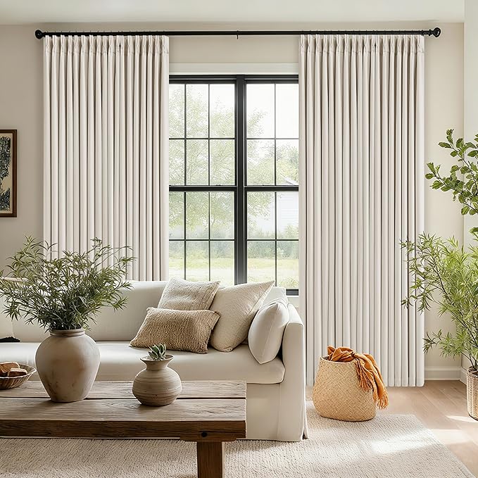 105 Inch Blackout Linen Curtains Pinch Pleat for Bedroom Living Room Darkening Neutral Pleated 100% Black Out Thermal Insulated Window Drapes Double Layer Soundproof Curtains 2 Panels Ivory Natural