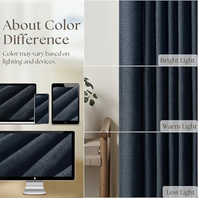 Pinch Pleated Navy Linen Curtains 84 Inches Long 2 Panels Set for Living Room Dining Pinch Pleat Back Tab Light Filtering Farmhouse Boho Retro Window Curtain Drapes 84 Inch Length Dark Blue Indigo