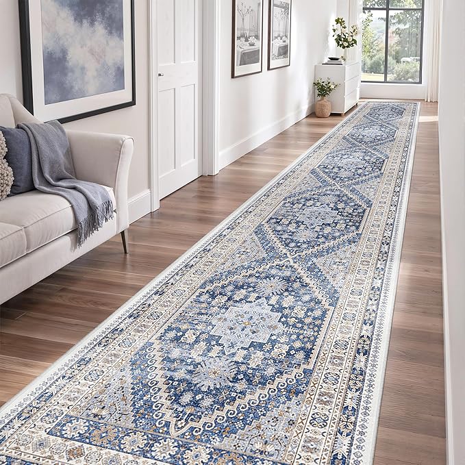 zesthome Washable Runner Rug 2.5x14 - Stain Resistant Entryway Rug,Ultra-Thin Kitchen Rugs, Anti Slip Backing Runner Rugs for Entrance Laundry Room Indoor Hallway (Blue/Beige,2.5'x14')
