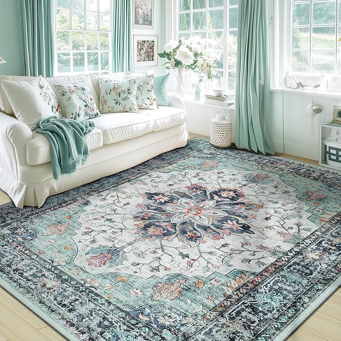 Area Rugs 5'x7' Washable Non-Slip, Floral Vintage Distress Print Pattern Medallion Carpet for Living Room Bedroom Dining Room, Green Navy Blue White Red Teal Colorful