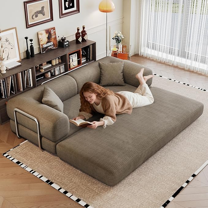 79" Convertible Sofa Bed with Fixed-Shape Frame, Corduroy Folding Pull Out Couch, No Assembly Modern Boneless Couch Compression Sofa in Box, Floor Sofa for Living Room,Camel