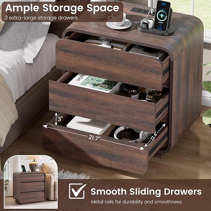 Walnut Nightstand with Charging Station, Modern Curved End Table with 3 Drawers, 25" Tall Wood Bedside Table, Mid Century Night Stand for Bedroom, Dorm, Sofa, Office