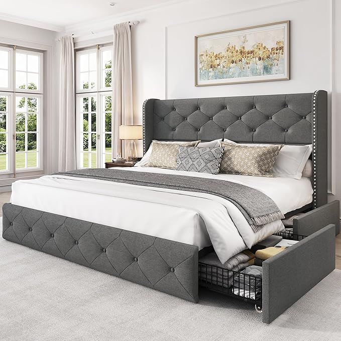 LARMACE Full Size Bed Frame with 4 Storage Drawers and Wingback Headboard Linen Upholstered Platform Bed Frame Tufted Beds with Wooden Slats Support, Easy Assembly, Light Grey