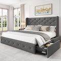 LARMACE Full Size Bed Frame with 4 Storage Drawers and Wingback Headboard Linen Upholstered Platform Bed Frame Tufted Beds with Wooden Slats Support, Easy Assembly, Light Grey