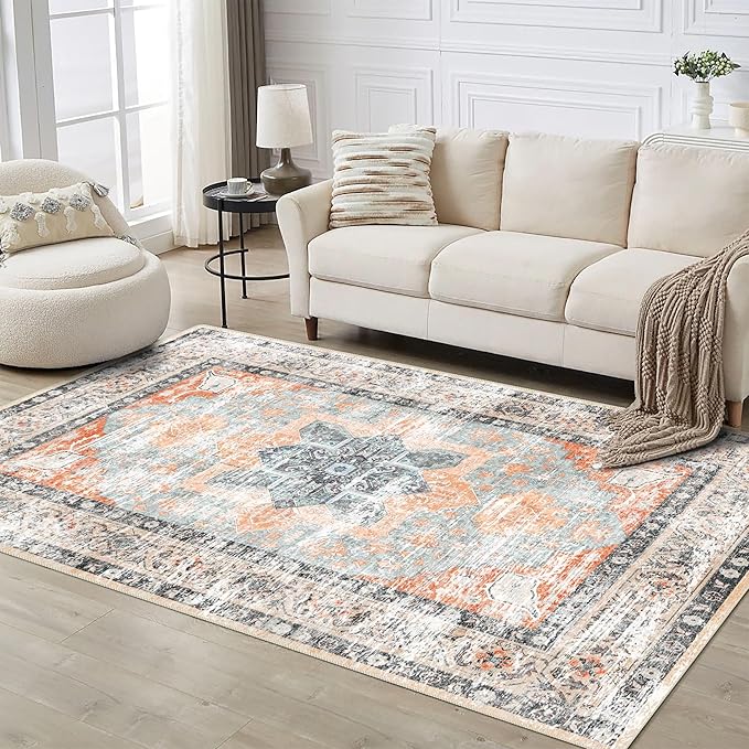 4x6 Rug, Small Area Rug for Living Room, Bedroom, Kitchen, Machine Washable Non-Slip Throw Rug, Vintage Distressed Floral Carpet for Entryway Nursery Dinner Room, Orange