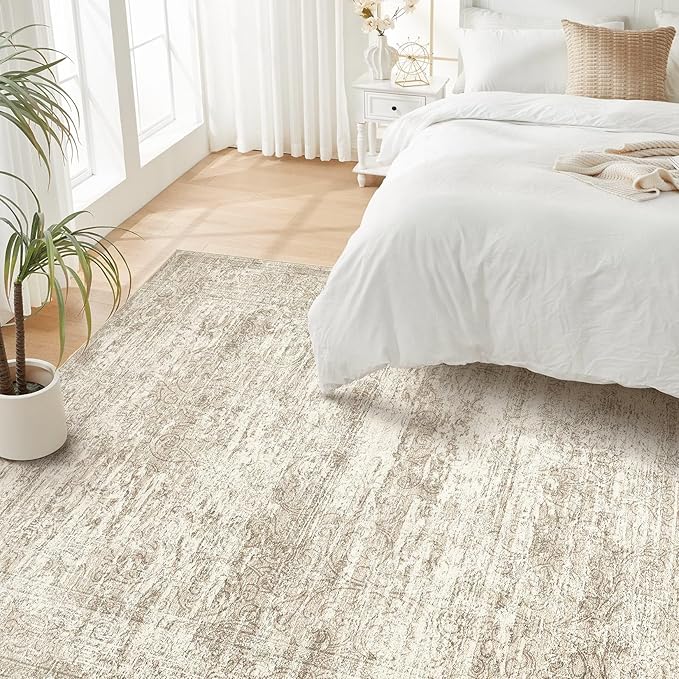Area Rug Living Room Rugs - 5x7 Abstract Large Soft Indoor Washable Rug Neutral Modern Low Pile Carpet for Bedroom Dining Room Farmhouse Home Office - Vintage Beige