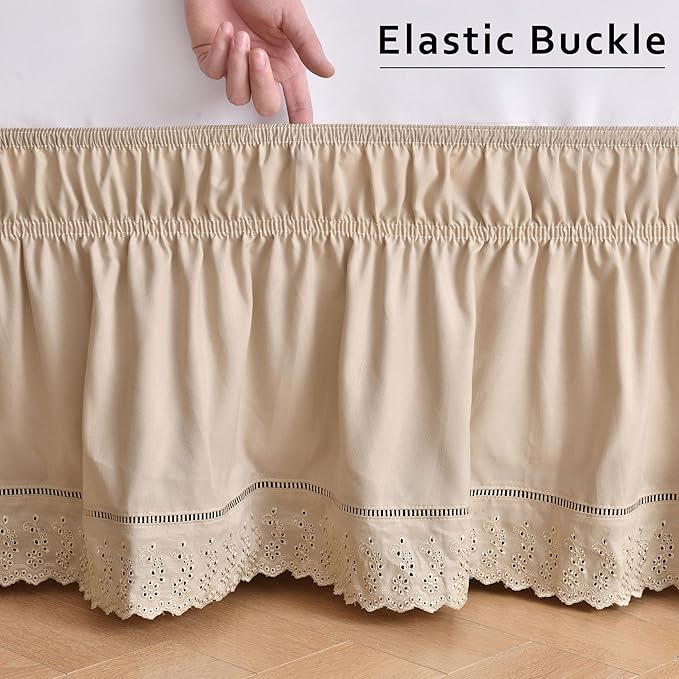 MIYE Wrap Around Ruffled Lace Bed Skirt, Elastic Dust Ruffle with Adjustable Belts, Easy to Put On, Bed Frame Cover, Machine Washable (Embroidered/Beige, Full/Twin-15 Drop)