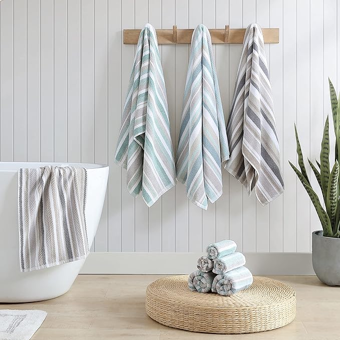 Tommy Bahama - Bath Towels, 100% Soft & Absorbent Yarn-Dyed Cotton with Twill Texture, Low Linting & Fade Resistant, Medium Weight Bathroom Towels (Ocean Bay Tranquil Blue, 3 Piece)
