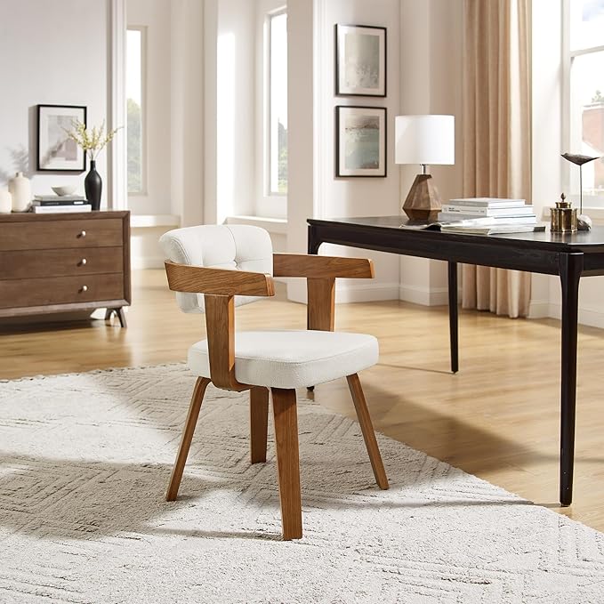 Art Leon Modern Dining Chairs - Set of 2 Mid Century Dining Chairs Fabric Upholstered Swivel Chairs Comfy Desk Chair No Wheels Accent Arm Chair for Kitchen Living Room Study, Off White/Walnut
