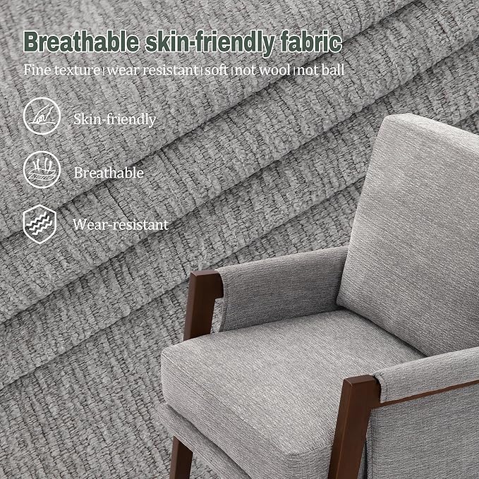 Grey Accent Chair for Bedroom & Living Room, Mid Century Modern Accent Arm Chair, Upholstered Anthropologie Accent Chair with Solid Wood Frame, Fabric